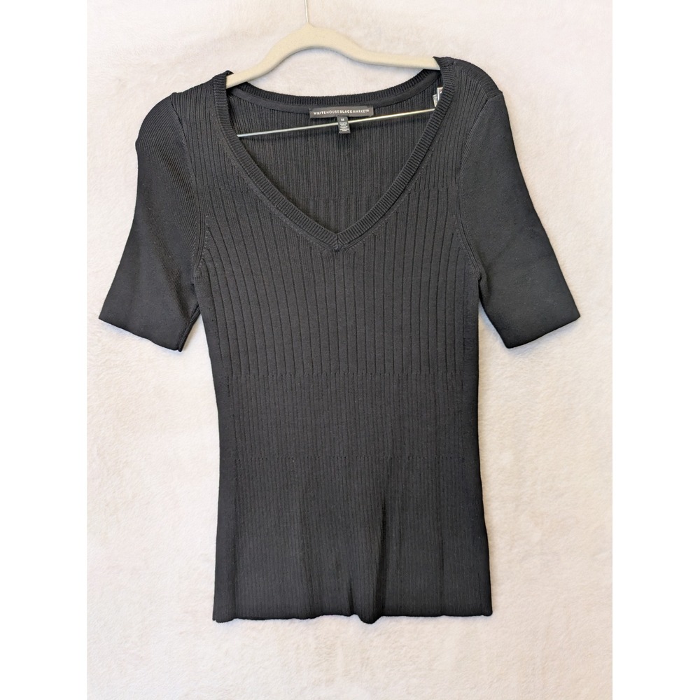 White House Black Market Sweater Top Women's Medium Black Ribbed V-Neck